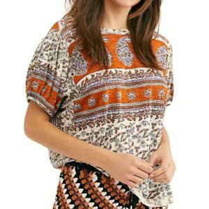 Free People Puff Sleeve Paisley Low Back Scoop Top XS